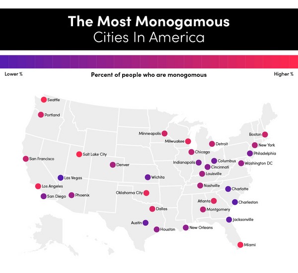 Map of US with most monogamous cities